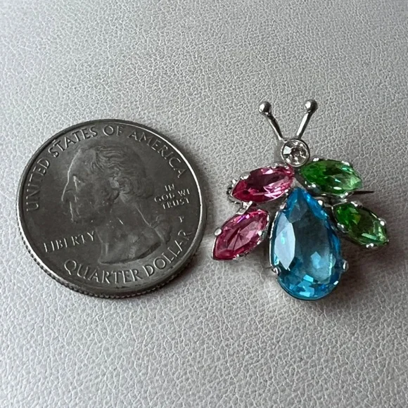 DESIGNER VINTAGE 925 SS CRYSTAL BEETLE BUG PIN BROOCH VIBRANT BLUE PINK GREEN
